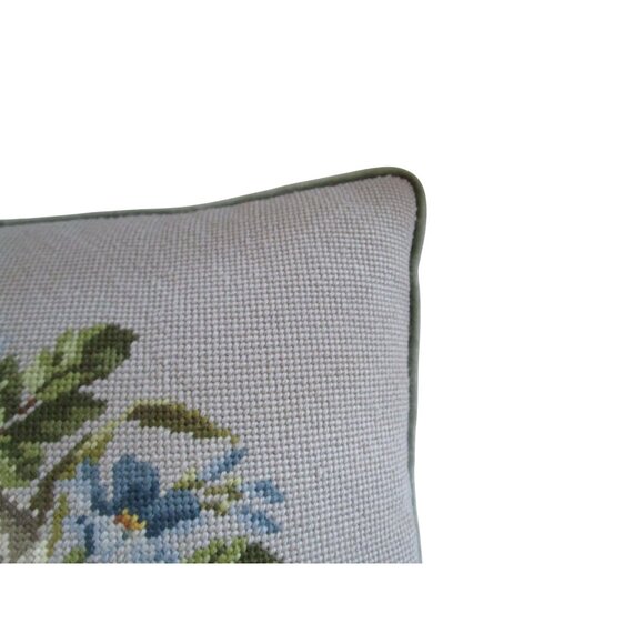 Vintage Floral Needlepoint Throw Pillow Gray Green Velvet Back Handcrafted GUC - Picture 9 of 16